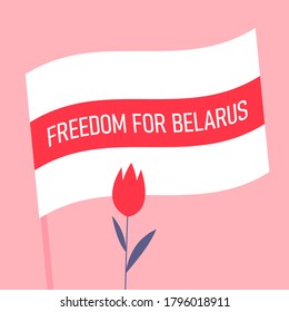 Composition of the red and white belarusian opposition flag and a red flower. Waving belarusian opposition flag with a lettering Freedom for Belarus.