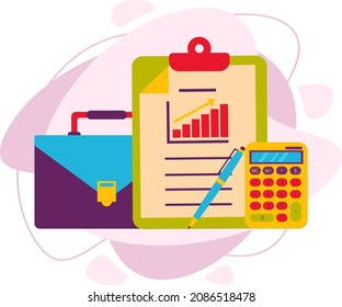 The composition is related to business and finance. Briefcase, calculator and document outline. Financial report, growth chart. Vector illustration in a flat style.