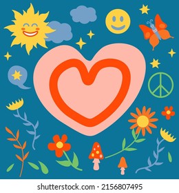 Composition in retro colors. 70s groovy posters, retro print with hippie elements. Cartoon psychedelic landscape with mushrooms and flowers, vintage funky print vector set. 
