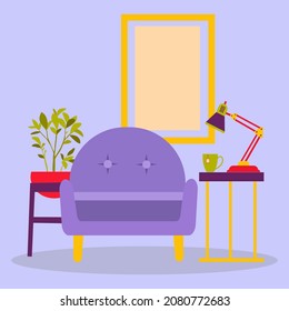 The composition of the room. An armchair, a table with a lamp and a flower. The image is made in a flat style. Vector illustration. A series of business icons.