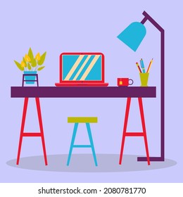 The composition of the room. Home office. A table with a lamp, a laptop and a flower. The image is made in a flat style. Vector illustration. A series of business icons.