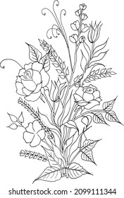 Composition of rose blossoms outline realistic pencil drawing On a white backdrop, blackline art. blossoms are hand-drawn or sketched in black and white.