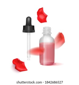 Composición con aceite esencial rosa y pétalos sobre fondo blanco, Vector eps 10 ilustración