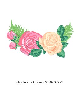 Composition with the rose flowers, buds, leaves and the fern branches  on a white background. Hand drawn vector  illustration.