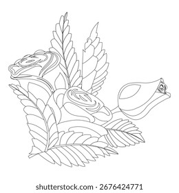 Composition of roses flowers and leaves in doodle style. Vector illustration isolated on white background.