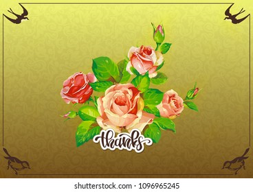 Composition with roses and green leaves. Background with summer flowers for Happy Mother’s Day. Floral greeting card. Romantic frame or invitation. Elegance retro vector illustration