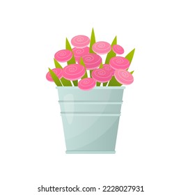 Composición con ilustración vectorial de rosas. Dibujo de dibujos animados de plantas en maceta, composición de flores como regalo aislado en fondo blanco. Naturaleza, decoración, concepto de jardinería
