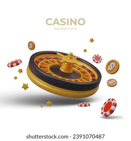 Composition with roulette wheel for casino on white background. Gambling poker object for online casinos. Vector illustration in 3D style with place for text