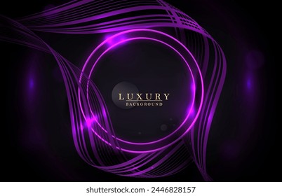 Composition with round abstract frame in purple color on black design.