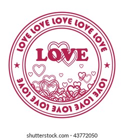 Composition with a round emblem. On it hearts and inscription LOVE are represented. The emblem is located on a white background.