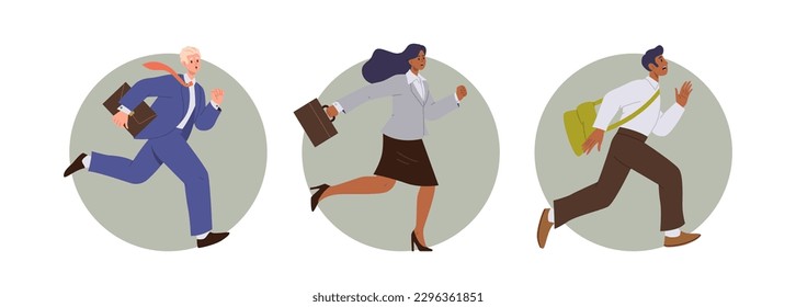 Composition of round frames isolated set with running business people characters in formal suit