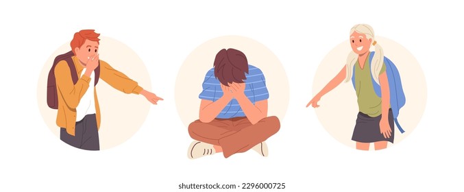 Composition of round icons with bully children and kids suffering from violence humiliation