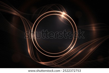 Composition with a round sparkling frame, golden wavy ribbons and a mesh pattern.
