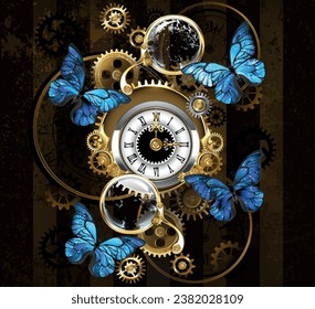 Composition of round steampunk clock with black Roman numeral dial, decorated with gold and brass gears, blue Morpho butterflies. Steampunk style. Hand drawn vector art