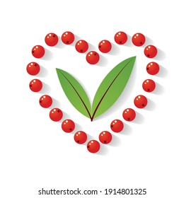 Composition of rowan berries and leaves heart shaped with shadow. Vector illustration on white background. Mountain ash summer design. Gradient fill