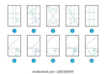 Normas de composición. Diagramas de matemáticas de fórmula geométrica, coeficiente de oro y regla de tercios, secuencia fibonacci 1. 618 proporciones, geometría fractal. Conjunto de vectores. Medición perfecta y precisa