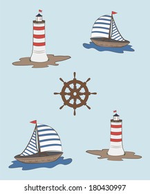 composition of a sailboat, sea and lighthouse helm