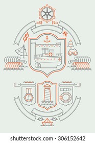 Composition with sailing symbols and cruise ship.