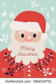 Composition of Santa Claus with Merry Christmas wrote on his beard. New year themed decorations, twigs, berries, elks and snowflakes. Vector