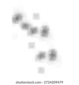 A composition of scattered, out-of-focus dark squares arranged diagonally on a plain white backdrop.