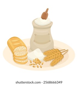 Composition or scene with bread, flour with sack and wheat with ears. Modern cartoon illustration for bakery isolated on white background