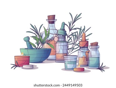 Composición con velas perfumadas, botellas de aceite esencial, mortero y almirez. Ilustración vectorial para diseño de póster cosmético, decoración de tarjeta de aromaterapia.