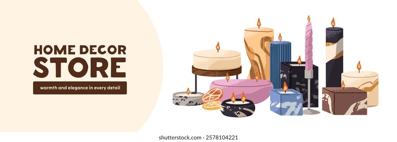 Composition of scented candles promotion template. Design of home decor advertising banner. Cute, elegant burning aroma candlelight in jars for interior decoration on layout. Flat vector illustration