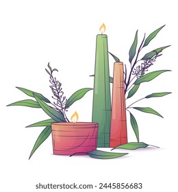 Composition with scented candles with tea tree leaves. Vector illustration of decorative burning candlelights with flame isolated on white background. Aromatherapy wax lit candles, cozy home accessory