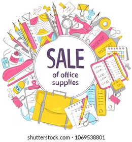The composition of school and office supplies. Discount or sale of stationery. Suitable for graphic design, web banners, printing. Vector illustration