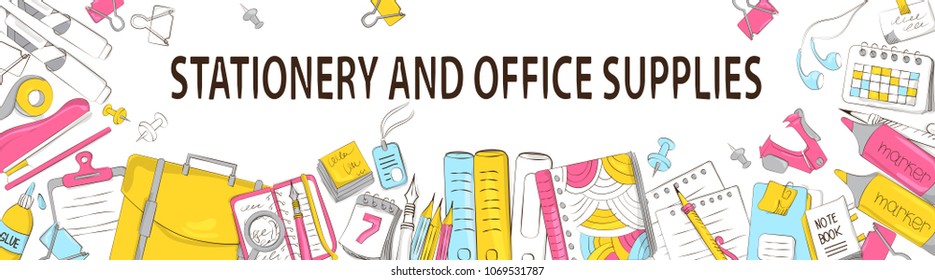 Composition of school and office supplies on white background. Background of stationery for graphic design, web banners, website template and printed materials. Vector illustration