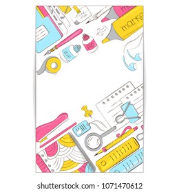 Composition of school and office supplies on white background. Background of stationery for graphic design, web banners, website template and printed materials. Vector illustration