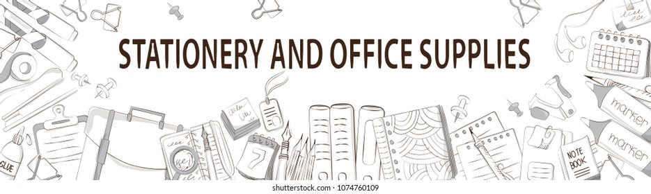 Composition of school and office supplies on white background. Background of stationery for graphic design, web banners, website template and printed materials. Vector illustration