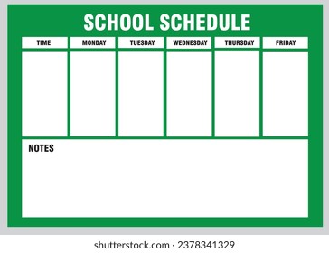 Composition of school schedule, with days, time and notes in black text.