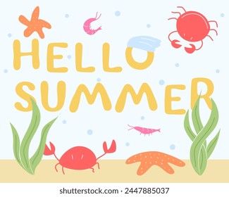 Composition of sea animals and algae. Vector starfish and shrimp, crabs and seashells. Creatures of the ocean floor, marine underwater plants, mollusks. Illustration in flat style
