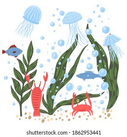 Composition sea fauna on white background. Cartoon cute jellyfish, fish, crayfish crab, bubble and seaweed in doodle vector illustration.