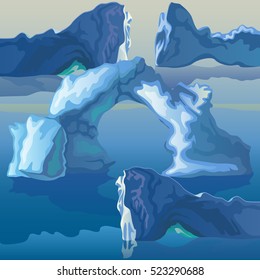 The composition of the sea of icebergs and ice arches. Vector illustration.
