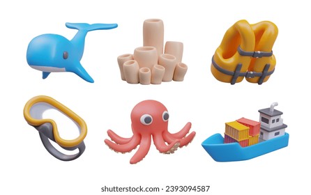 Composition with sea objects. Realistic blue whale, glasses, cute octopus and composition with corals. Set for swimming in sea. Ship with cargo, life vest and glasses. Vector illustration in 3d style