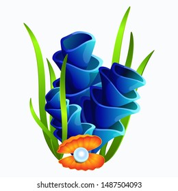 Composition of sea plants and shells with a pearl .