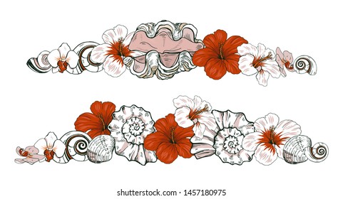Composition of sea shells and exotic flowers, shells and hibiscus, vector illustration