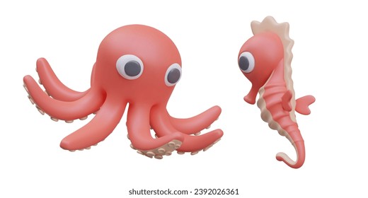 Composición con caballito de mar y pulpo. Animales marinos de dibujos animados nadando sobre fondo blanco. Animales realistas para juegos de computadora. Ilustración vectorial en estilo 3d