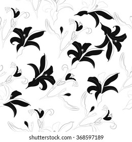 Composition of  seamless floral motif, doodles,spots,lilly flowers, branch, hole, bud, leaves. Hand drawn.