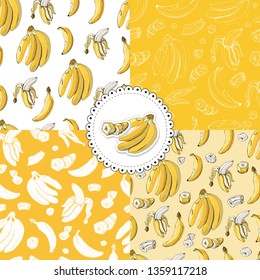Composition  of seamless pattern with banana fruits on yellow and white background and stickers. Whole and sliced elements. Hand drawn sketch. Vector illustration.