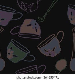 Composition of  seamless pattern, doodles, caps, teaspoons,leaves,spots, floral ornament, hole. Hand drawn.
