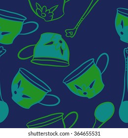 Composition of  seamless pattern, doodles, caps, teaspoons,leaves,spots, floral ornament, hole. Hand drawn.