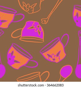 Composition of  seamless pattern, doodles, caps, teaspoons,leaves,spots, floral ornament, hole. Hand drawn.