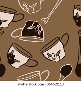 Composition of  seamless pattern, doodles, caps, teaspoons,leaves,spots, floral ornament, hole. Hand drawn.