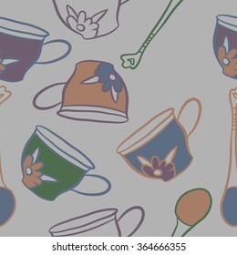 Composition of  seamless pattern, doodles, caps, teaspoons,leaves,spots, floral ornament, hole. Hand drawn.