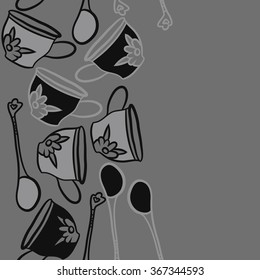 Composition of  seamless pattern, doodles, caps, teaspoons,leaves,spots, floral ornament, vertical,copy space. Hand drawn.