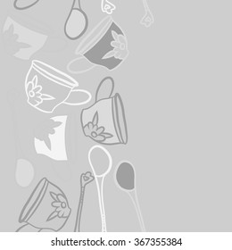 Composition of  seamless pattern, doodles, caps, teaspoons,leaves,spots, floral ornament, vertical,copy space. Hand drawn.
