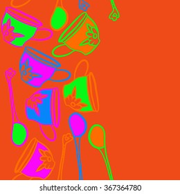 Composition of  seamless pattern, doodles, caps, teaspoons,leaves,spots, floral ornament, vertical,copy space. Hand drawn.